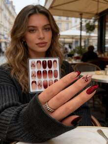 2 Hands Complete Manicure Set Featuring Deep Red Magnetic Cat Eye Nail Strips With Delicate Bow Accents – Easy Apply & Detachable Faux Nails For Daily Wear, Prom, Cocktail Parties, Anniversary Celebrations, And Festive Gatherings – Versatile European Style Press-On Nails Ideal As A Valentine's Day Gift For Her, Students, Or Working Professionals - Nhiều màu - Xem 2