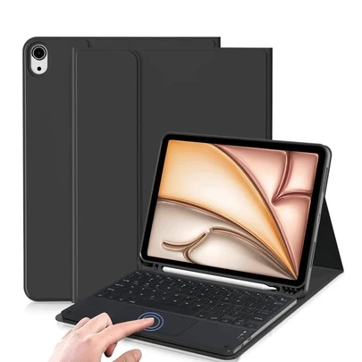 可拆卸充电触控板键盘保护套，带笔槽（280mAh，英文版），兼容三星 Galaxy Tab / iPad / Redmi iPad SE，磁吸式蓝牙键盘保护套（黑色）