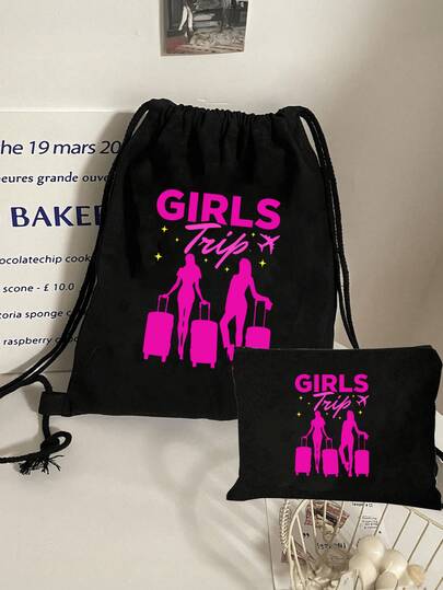 "Girls Trip" Print Women'S Backpacks And Makeup Bags, Including Drawstring Backpacks, Reusable Cosmetic Bags, Casual Foldable Shoulder Bags With Fixed Straps And Seals, Drawstring Fitness Bags, Large Capacity Bags, Multi-Functional Drawstring Bags, Multiple Pockets, Grocery And Travel Bags, Suitable For Travel, Toiletries, Suitable For Travelers, Group Travel, Women, Students, Gyms, Perfect Choices For Vacations, Girls Trips