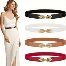 1/2/4pcs Minimalist Leaf Buckle Elastic Waist Belt, Versatile For Dresses, Waist Cincher - Multicolor - View 2