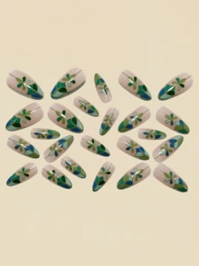 24pcs 3D Plant Relief Pattern Nail Stickers, Y2K Style Almond Green Nail Art Supplies - Green - View 3