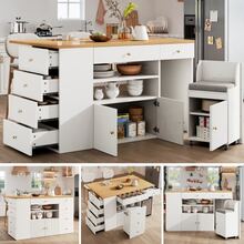 Kitchen Island Table, Side Cabinet With Bar Stool, Kitchen Cabinet With 6 Drawers And Stools, Adjustable Width 140 * 40 (70) * 89 Cm, White And Black - White - View 2