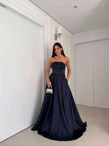 Long Strapless Dress For Graduation, Party, Wedding, Evening - Navy Blue - View 1