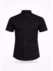 Set Of 2 Henley Short-Sleeve Mandarin Collar Shirts, Slim Fit, Comfortable, Casual, Elegant, High Quality - 黑色和藍色M - 查看 2