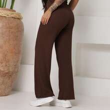 Kit 3 Calça Wide Leg Canelada Lisa Feminino Pantalona Com Bolsos Cintura Alta Cordão Confortável - Bege/Marrom/Vinho - Visão 2