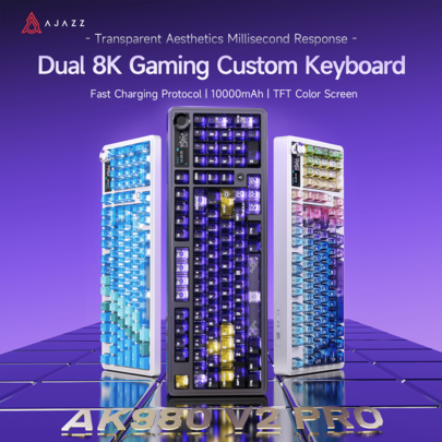  AJAZZ AK980 V2 PRO 双8K无线游戏机械键盘，荔枝轴，1.14英寸高清彩屏，音量旋钮，10000mAh超长续航电池，三种模式办公机械键盘，RGB DIY灯效，支持多系统，适用于电竞游戏和办公。