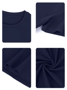 女士宽松藏蓝色图案T恤，饰有“NAGAN”字母印花，简约Y2K美学舒适纯棉休闲上衣 - 深藍 - 查看 5