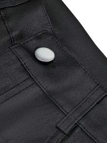 女士高腰亮面PU皮革阔腿裤，哑光涂层，时尚百搭，适合派对、通勤、音乐节、度假等场合，休闲直筒裤，春夏必备，畅销款，Y2K风格，适合派对、通勤、假日、节日、户外活动等场合，春夏穿着，适合高个女性，可作外套，黑色，长裤 - 黑色-1 - 查看 7