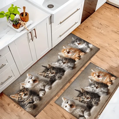 1 件装可爱猫咪图案印花地毯，仿羊毛材质 - 高吸水性，易于清洁，适用于家居装饰、农舍风格、玄关、室内、房间、厨房、餐厅、小型办公室/家庭办公室、水槽旁、洗衣房、门垫、厨房垫、防滑垫