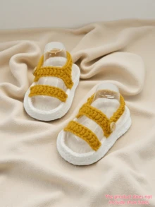 1 Pair Handmade Crochet Infant Sandals, Yellow Double Strap Design, White Sole, Infant Shoes - Yellow - View 1
