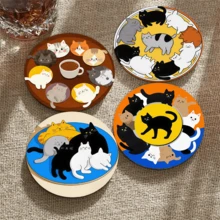 Cute Cat-Themed Round Coasters, Made Of Anti-Slip And Heat-Insulating Material, Protect Tabletop From High Temperature Wear And Stabilize Cups, Practical Gift For Cat Lovers With Both Functional And Emotional Value, Not Easy To Idle - Wooden Board-circle Coaster - View 5