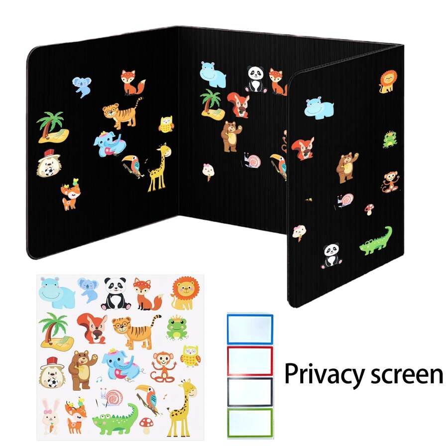 1pc Plastic Desk Partition Board With DIY Animal Stickers, Student Desk Privacy Divider, Exam Anti-Cheating Barrier, Art Craft Supplies, Suitable For School And Office - Black - View 1