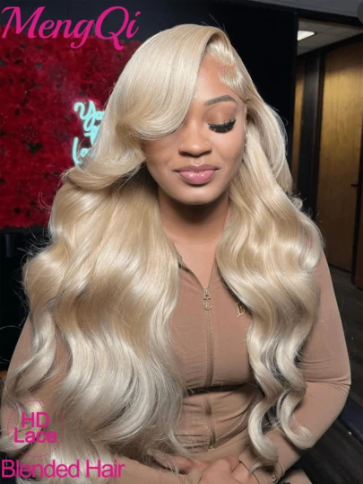 13x4蕾丝前假发，200密度，30-32英寸，613号金色混纺真人发，预先拔毛和染色，适合女性佩戴。