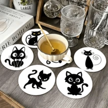 极简主义黑色猫咪剪影圆形杯垫，以极简风格呈现各种形状的黑色猫咪剪影，线条简洁流畅，视觉层次轻盈，兼具极简主义和可爱美学。 - 木板-杯墊圓 - 查看 3