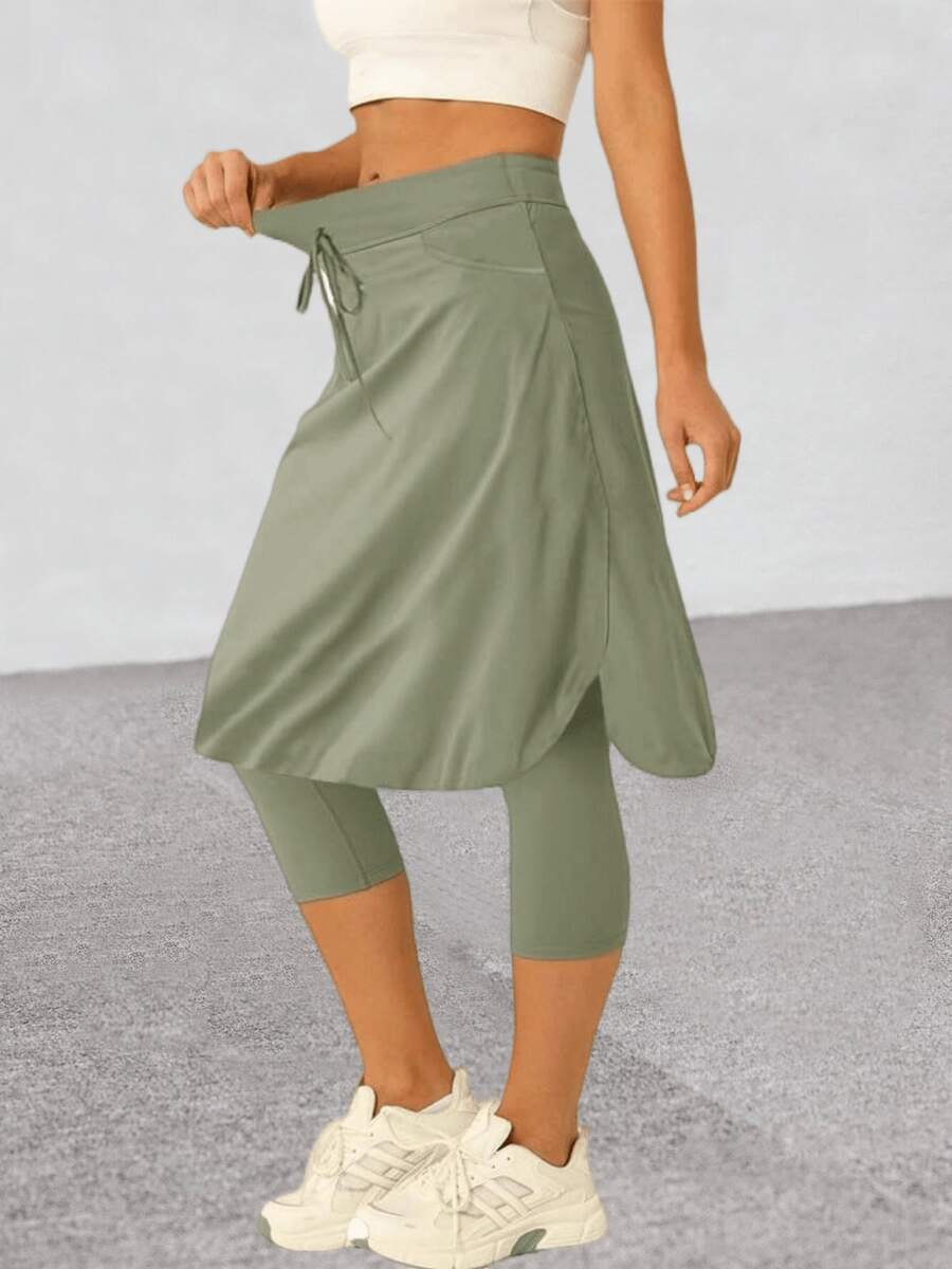 Saodimallsu Women's Polyester Long Skirt Overlay With Cropped Regular Leggings, Slight Stretch Casual Bottoms - 橄欖綠 - 查看 1