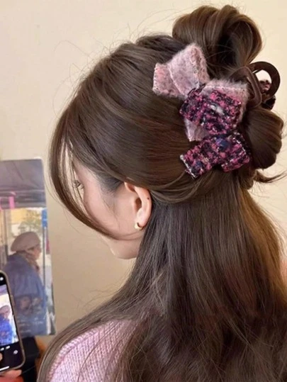 1pc Autumn And Spring Plush Bow Hair Clips Female Back Of The Head Grasp Clip Large Hair Claw Hair Volume More Clip Hair Accessories