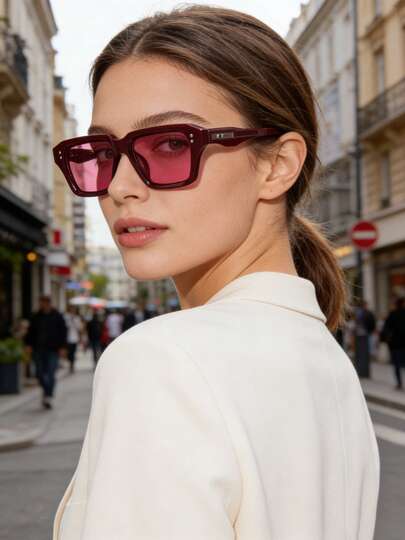 1 pieza Gafas de moda versátil para mujer con marco cuadrado retro burdeos incrustado con remaches redondos, estilo Y2K todo a juego, accesorio de moda casual y al aire libre para mujer, adecuado para uso diario, fotografía callejera, viajes, fiestas, Año Nuevo y otras ocasiones