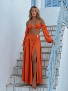 Vestido naranja elegante de hombros descubiertos para mujer, diseño de cintura hueca y abertura alta, adecuado para la playa, vacaciones y viajes en primavera y verano - Naranja - Ver 7
