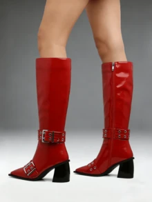 Women's Knee High Heels Boots Pointed Toe Punk Style Buckle Strap Long Boots Y2K Chunky Heels Side Zipper Mid-Calf Boots Halloween Party Long Boots For Women - 紅色 - 查看 3