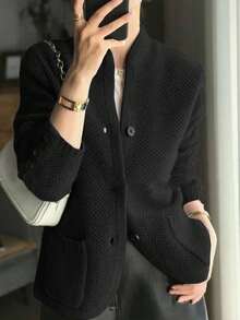 秋冬新款时尚女士优雅宽松通勤衬衫，美利奴羊毛复古针织开衫毛衣外套，黑色 - 黑色 - 查看 2