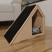 Cat House With Ramp And Scratching Post In MDF – Ideal For Sharpening Claws And Resting - Negro - Ver 4