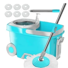 Spin Mop And Bucket,Mop And Bucket With Wringer Set For Home,360 Spinning Mopping Floor Cleaning Tool With 6 Microfiber Replacement Head Refills,61" Extended Handle, 2X Wheel - Blue - A - 查看 2