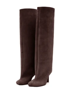 Women's Knee High Boots Wide Calf Square Toe Stiletto Heels Tall Boots Pull On Kitten High Heel Long Fashion Casual Cute Y2K Booties - 巧克力色 - 查看 3