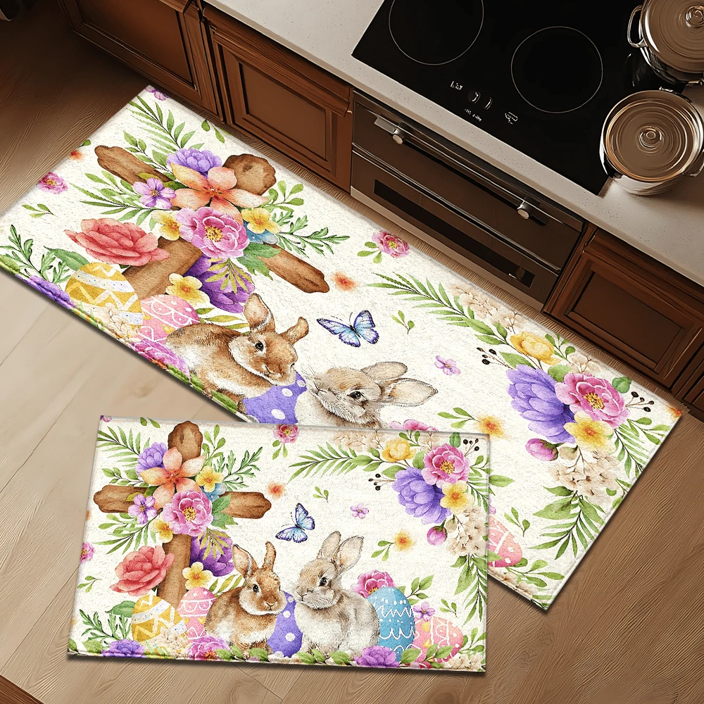 1pc Rabbit Pattern Printed Doormat, Easter Decor, Easter Gift, Plush-Like Material, Absorbent And Easy To Clean, Suitable For Home Decor, Farmhouse, Entryway, Indoor, Room, Kitchen, Dining Room, Small Office/Home Office, Sink, Laundry Room, Doormat, Kitchen Mat, Non-Slip Mat - Multicolor - View 1