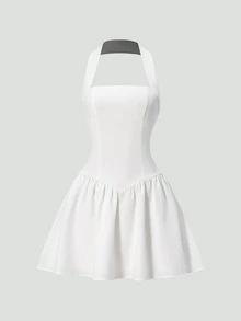 白色无袖高领迷你连衣裙，方领设计，收腰剪裁，A字裙摆，优雅时尚，适合晚宴、约会、休闲散步、酒吧等场合。 - 白色 - 查看 5