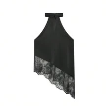 DEEKA Women's Lace Patchwork Halter Neck Casual Blouse, Fashionable & Versatile, Spring/Summer - Black 1 - View 2