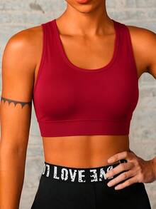 High Intensity Seamless Sports Bra, Mesh Splice High Elasticity Workout Vest, Racerback Round Neck Breathable Yoga Bra - Burgundy - View 4