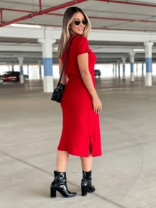 Women's Comfortable Cotton Midi Dress - Bright Red - View 2