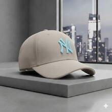 Men's And Women's Minimalist Curved Brim Sport Baseball Cap, Street Style, Cotton, Embroidered - 米色配藍色 - 查看 5