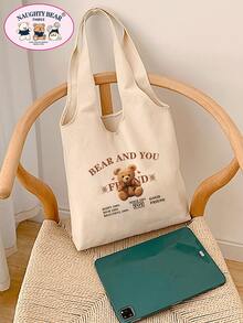 Casual Cartoon Print Canvas Tote Bag - Beige - View 3