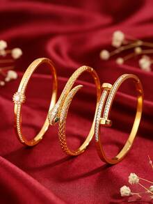 3/1pc - Retro And Elegant Copper And Stainless Steel Bracelet, With A Snake-Shaped, Starburst, And Double-Headed Hammer Design. It Has A Niche And Light Luxury Style And Is Suitable For Various Occasions Such As Commuting And Dating. - Gold - View 8