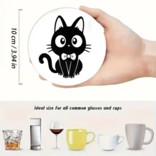 极简主义黑色猫咪剪影圆形杯垫，以极简风格呈现各种形状的黑色猫咪剪影，线条简洁流畅，视觉层次轻盈，兼具极简主义和可爱美学。 - 木板-杯墊圓 - 查看 7