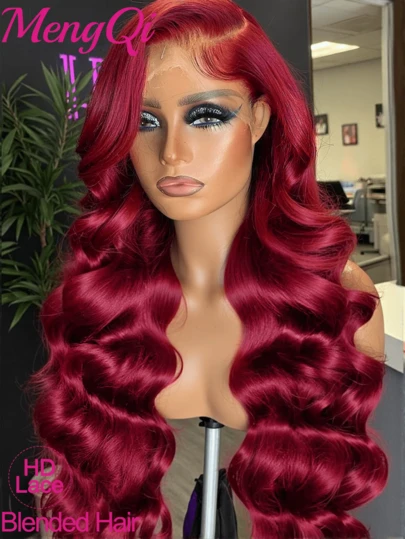 200% Density Burgundy(99J) Color Body Wave 13x4 Lace Front Wig Human Blended Hair HD Water Wave Lace Front Wigs Human Blended Hair 34 Inch Glueless Body Wave Wig Lace Frontal Wigs Glueless Body Wave Pre Plucked With Baby Hair Natural Hairline For Daily Use