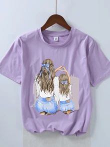 Girls' Cartoon Print Round Neck Short Sleeve T-Shirt, Casual Tee For Spring & Summer - Purple - View 2