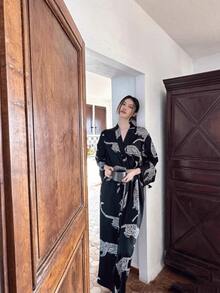 Áo ngủ dài tay họa tiết da báo, áo ngủ/áo choàng dài ngang gối cho nữ mùa xuân thu hè, có thể mặc ngoài, áo choàng tắm nữ, áo choàng tắm dài tay. - Nhiều màu - Xem 5