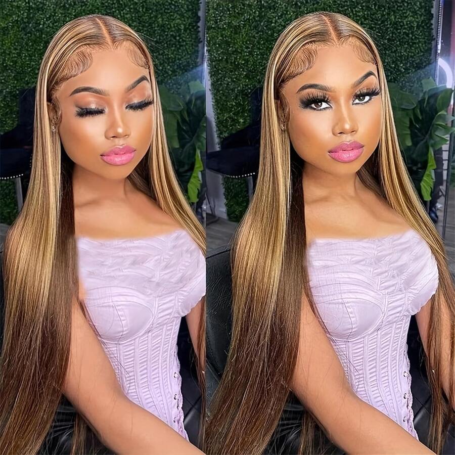 Straight Human Hair Wig 13x4 Lace Frontal For Women Highlight Blonde P4/27 180% Density Pre Plucked Free Part Lace Front Wigs - S4/27 - View 1