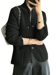 秋冬新款时尚女士优雅宽松通勤衬衫，美利奴羊毛复古针织开衫毛衣外套，黑色 - 黑色 - 查看 3