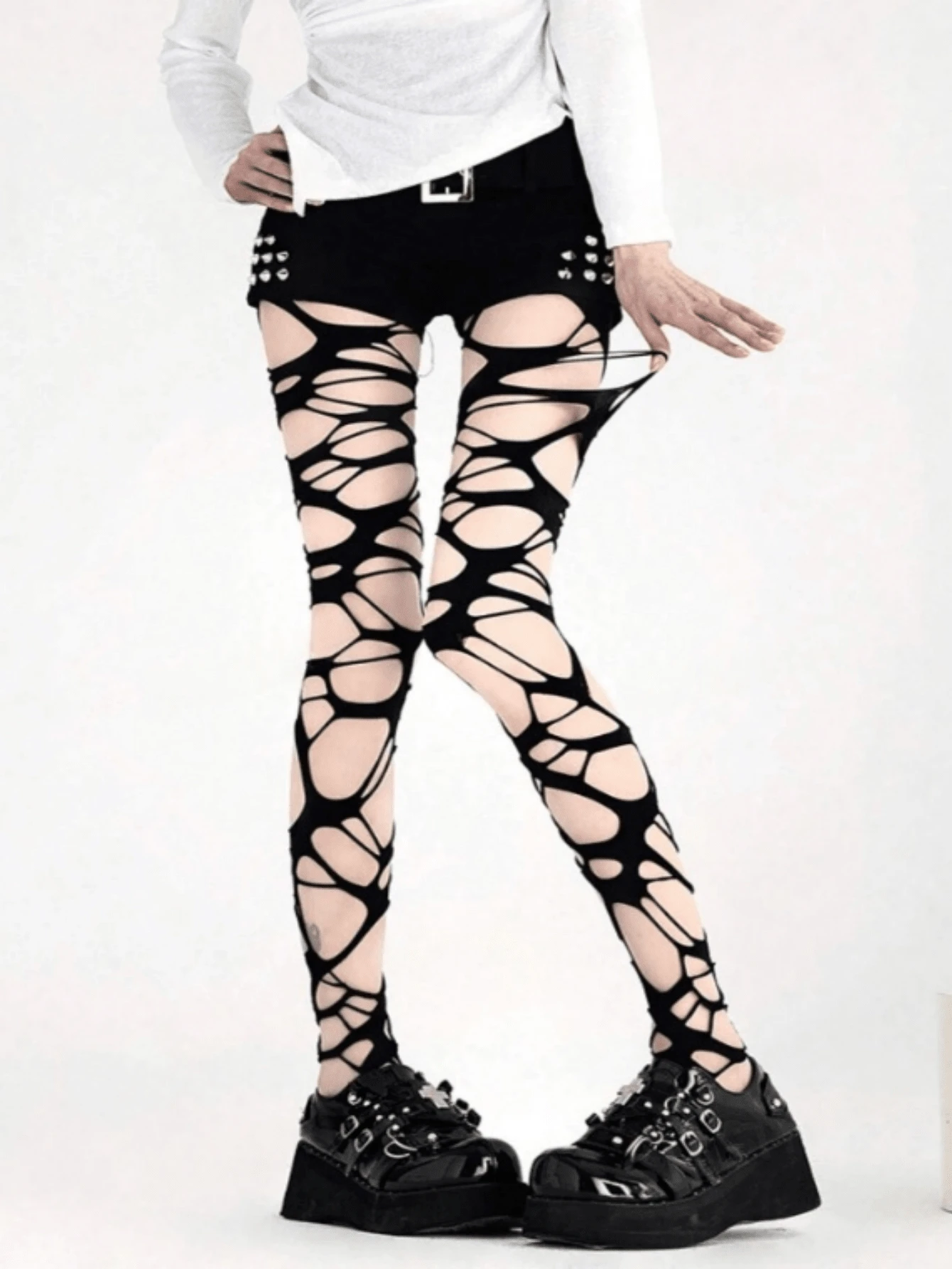 1 pieza Medias rotas y sexys para mujer, pantalones ajustados con estilo "Baddie" Y2K - Negro - Ver 1