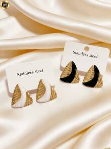 2 paires de boucles d'oreilles triangle blanc et noir, nouvelle arrivée 2026, matériau en acier inoxydable de style vintage français à la mode, boucles d'oreilles hypoallergéniques, style de conception linéaire de luxe haut de gamme personnalisé, convient pour la Saint-Valentin, la Fête des Mères, les accessoires de décoration d'anniversaire, le style bohème des vacances à la plage, le carnaval, bijoux en acier inoxydable - Multicolore - Voir 2
