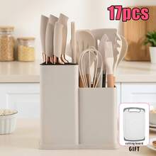 17+2-Piece Silicone Kitchenware Set With Storage Bucket, Cutlery, Knives, Wooden Handles, Daily Kitchenware, Vegetable And Meat Cutting Board Included. - White - View 1