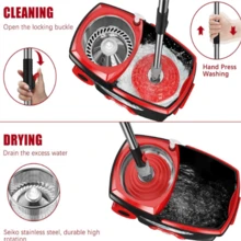 360° Spin Mop And Bucket Set With , 6 Extra Microfiber Heads, 61" Extended Handle For Effortless Floor Cleaning, 2X Wheel Design - Black - A - 查看 6