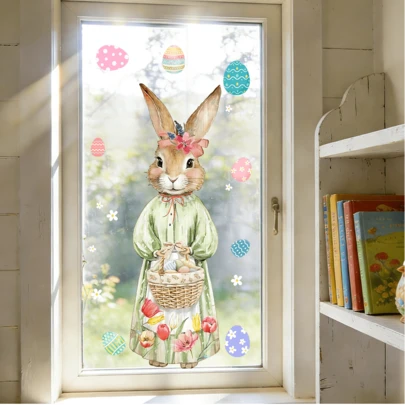 1/2 ملصق نافذة كبير بشكل أرنب وبيضة عيد الفصح، ملصقات لاصقة الجوانب من البي في سي قابلة لإعادة الاستخدام، مناسبة لغرف النوم والصالات المعيشية والحمامات وديكور المنزل.