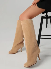 Women's Knee High Boots Wide Calf Square Toe Stiletto Heels Tall Boots Pull On Kitten High Heel Long Fashion Casual Cute Y2K Booties - 杏色 - 查看 3