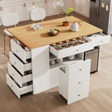 Kitchen Island Table, Side Cabinet With Bar Stool, Kitchen Cabinet With 6 Drawers And Stools, Adjustable Width 140 * 40 (70) * 89 Cm, White And Black - White - View 1