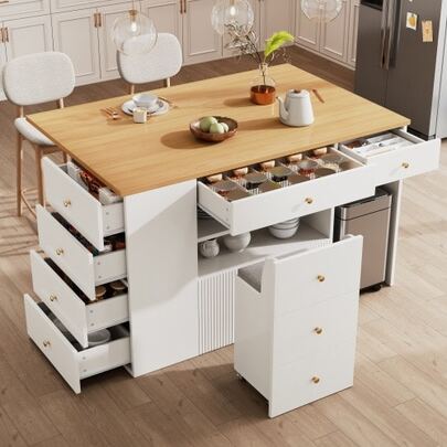 Kitchen Island Table, Side Cabinet With Bar Stool, Kitchen Cabinet With 6 Drawers And Stools, Adjustable Width 140 * 40 (70) * 89 Cm, White And Black