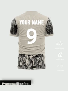 1pc Customized Manchester Special Edition Horse Graphic Football Jersey: Customizable Team Name And Number, Fashionable Black And Gray Color, Breathable Quick-Dry Fabric, 2026 World Cup, Valentine's Day Gift Summer Sports - Khaki - View 3